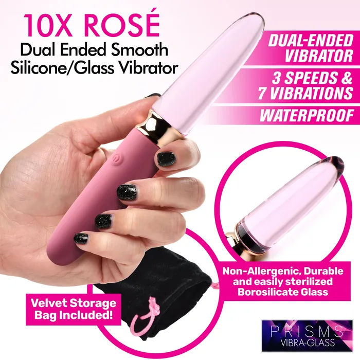 Female Sex Toys | 10X Rose Dual Ended Smooth Silicone and Glass Vibrator - Prisms Erotic Glass