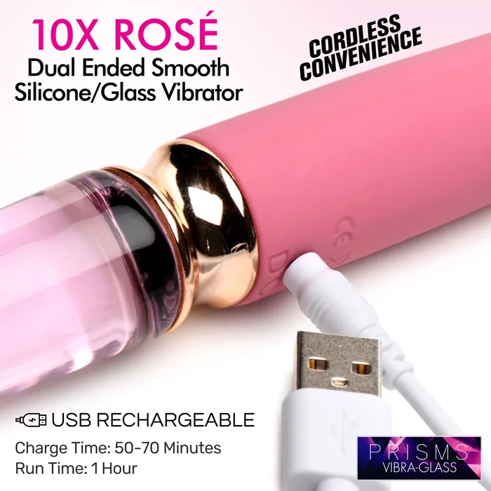 Female Sex Toys | 10X Rose Dual Ended Smooth Silicone and Glass Vibrator - Prisms Erotic Glass