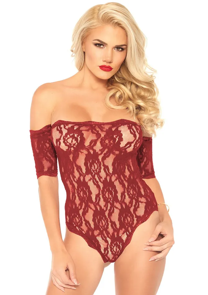 Leg Avenue Female Sex Toys Scalloped Rose Lace Strapless Teddy With Cuff Sleeves Burgandy Mediumlarge